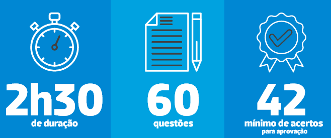 Imagem apresenta informações da prova que tem duração de 2 horas e 30 minutos, 60 questões e é preciso 42 questões certas para aprovação.